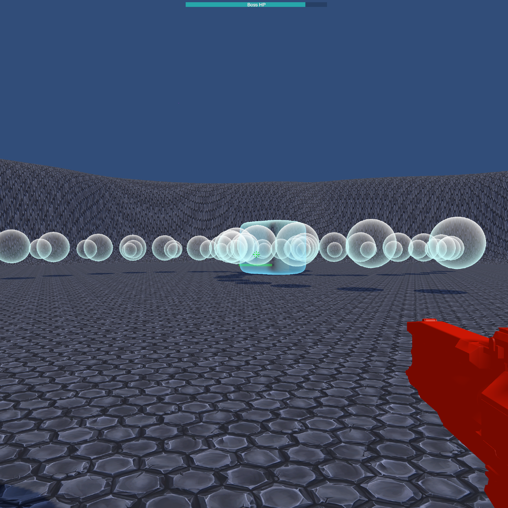 A screenshot from the video game. At the top of the screen, there is a bar representing the enemy's hit points (HP). It is partially full, and contains text reading 'Boss HP.' The game is a first-person shooter game, and the player is holding a weapon of some sort that is colored red. The enemy is a large semi-transparent rounded cube that is outputting several semi-transparent spheres.